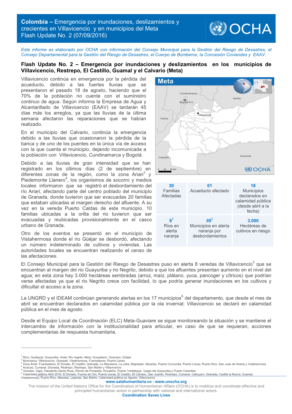 Emergencia Por Inundaciones, Deslizamientos Y Crecientes En Villavicencio Y En Municipios Del Meta Flash Update No