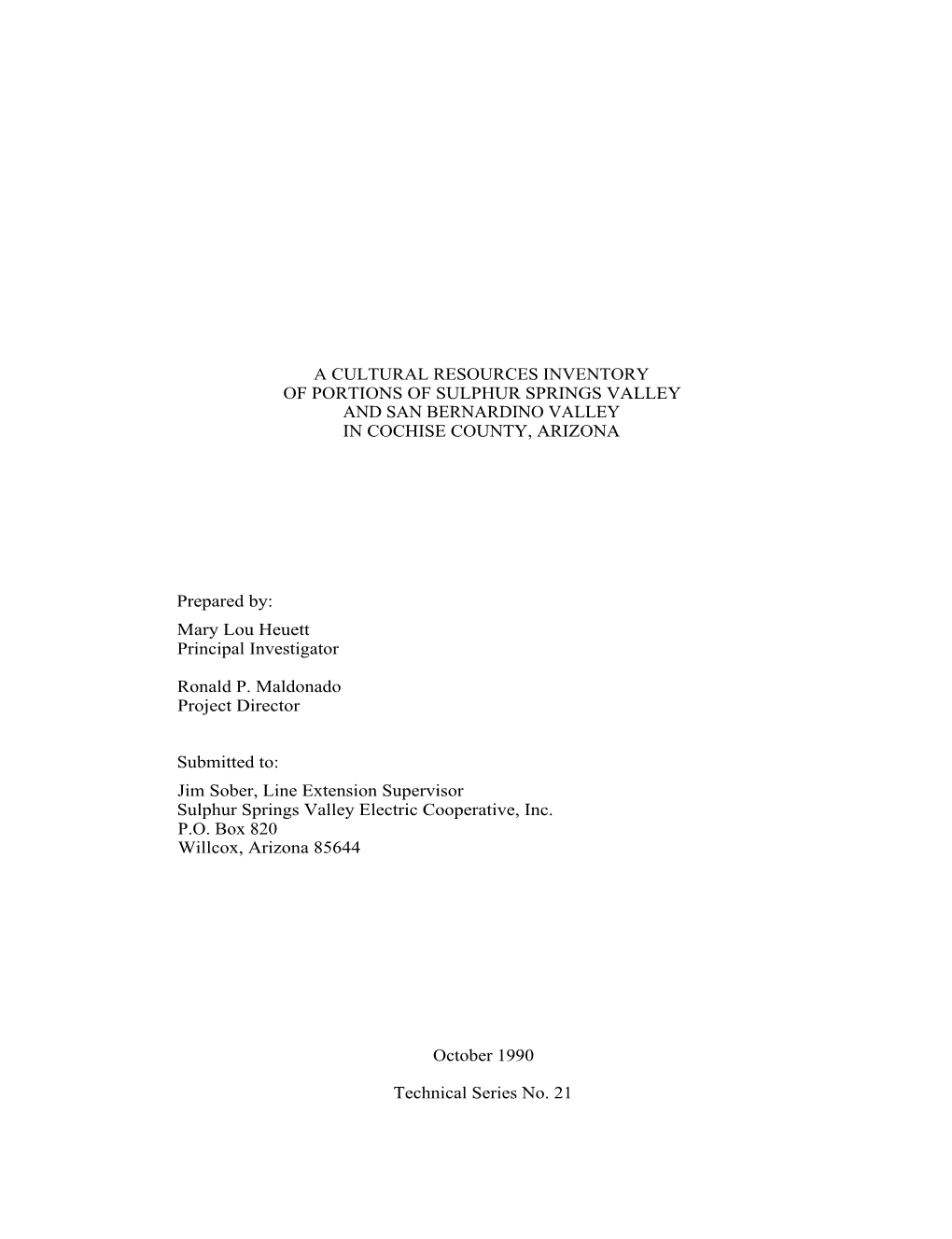 A Cultural Resources Inventory of Portions of Sulphur Springs Valley and San Bernardino Valley in Cochise County, Arizona