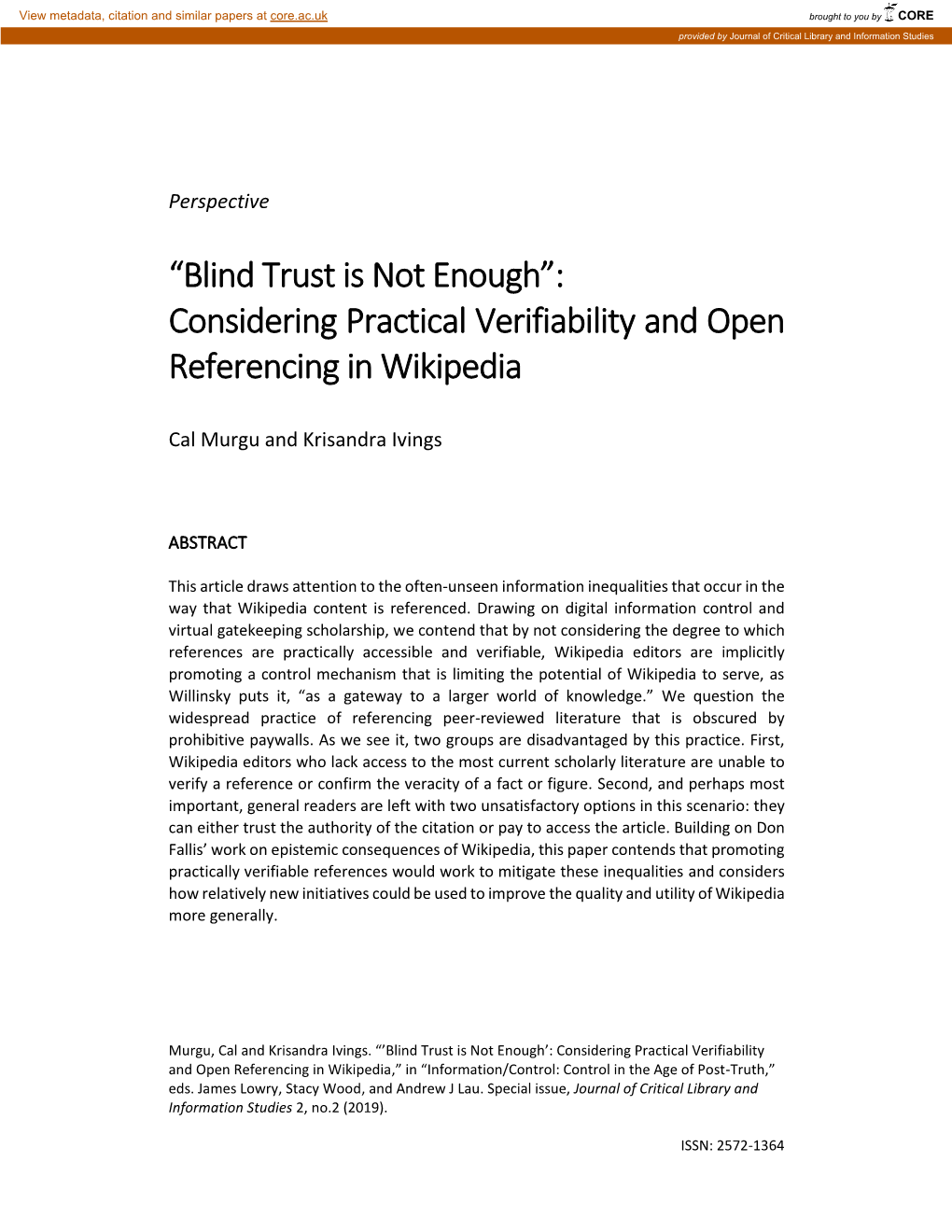 Blind Trust Is Not Enough”: Considering Practical Verifiability and Open Referencing in Wikipedia