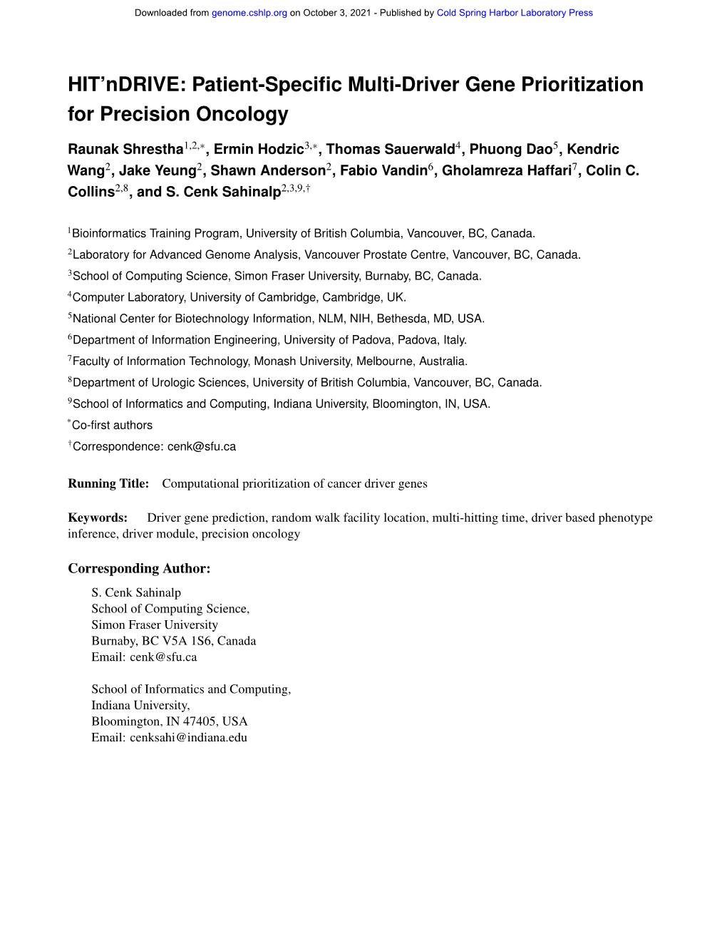 HIT'ndrive: Patient-Specific Multi-Driver Gene Prioritization for Precision Oncology