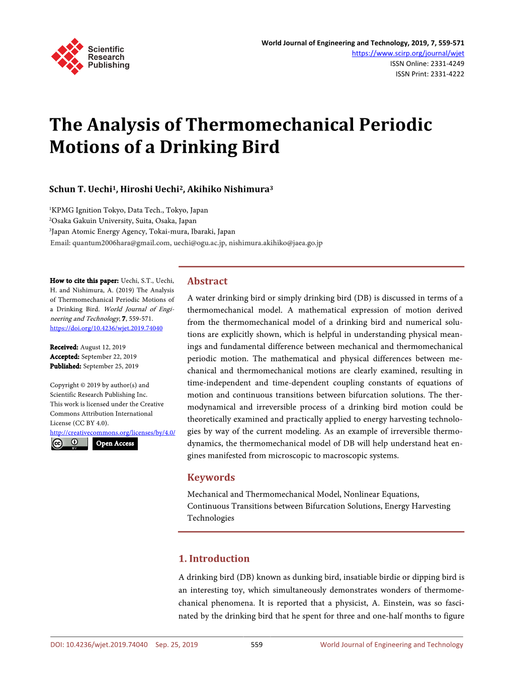 The Analysis of Thermomechanical Periodic Motions of a Drinking Bird