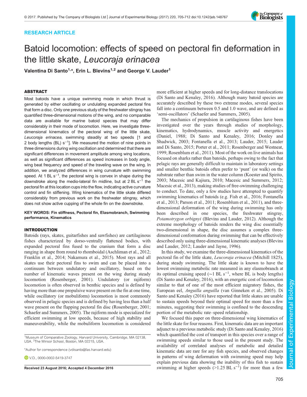 Batoid Locomotion: Effects of Speed on Pectoral Fin Deformation in the Little Skate, Leucoraja Erinacea Valentina Di Santo1,*, Erin L