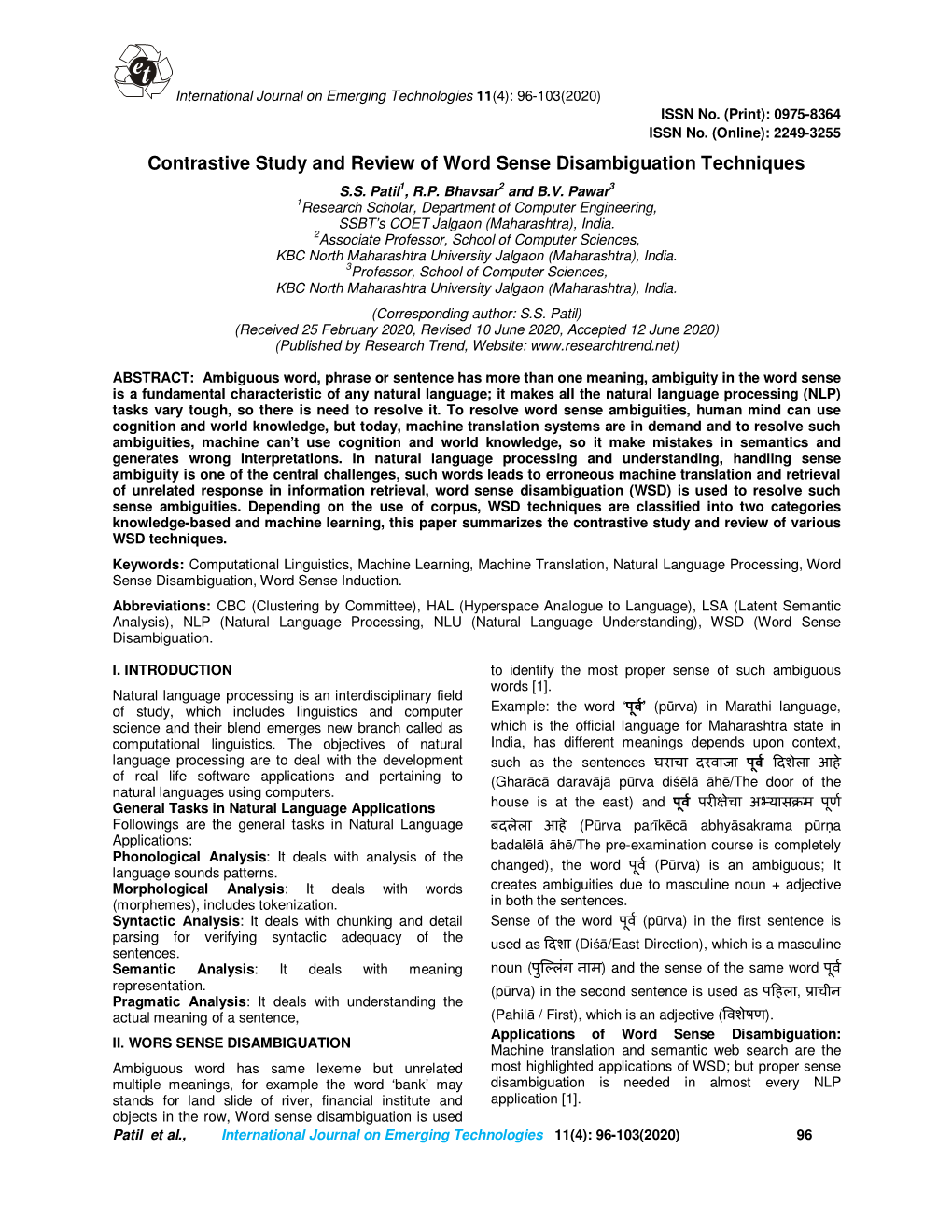 Contrastive Study and Review of Word Sense Disambiguation Techniques S.S