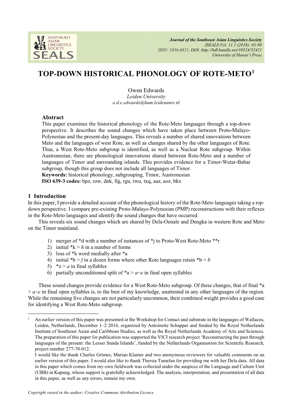 Top-Down Historical Phonology of Rote-Meto1