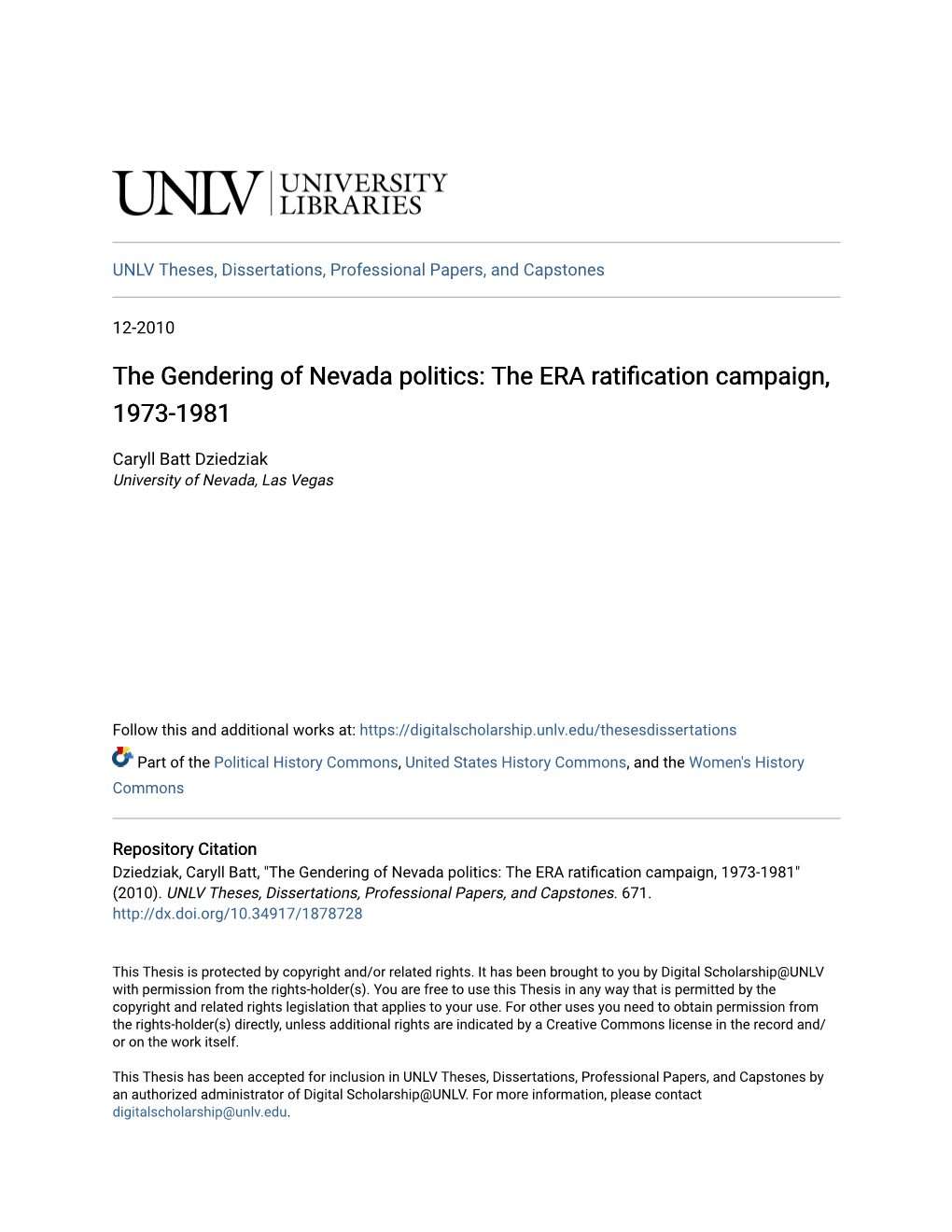 The Gendering of Nevada Politics: the ERA Ratification Campaign, 1973-1981