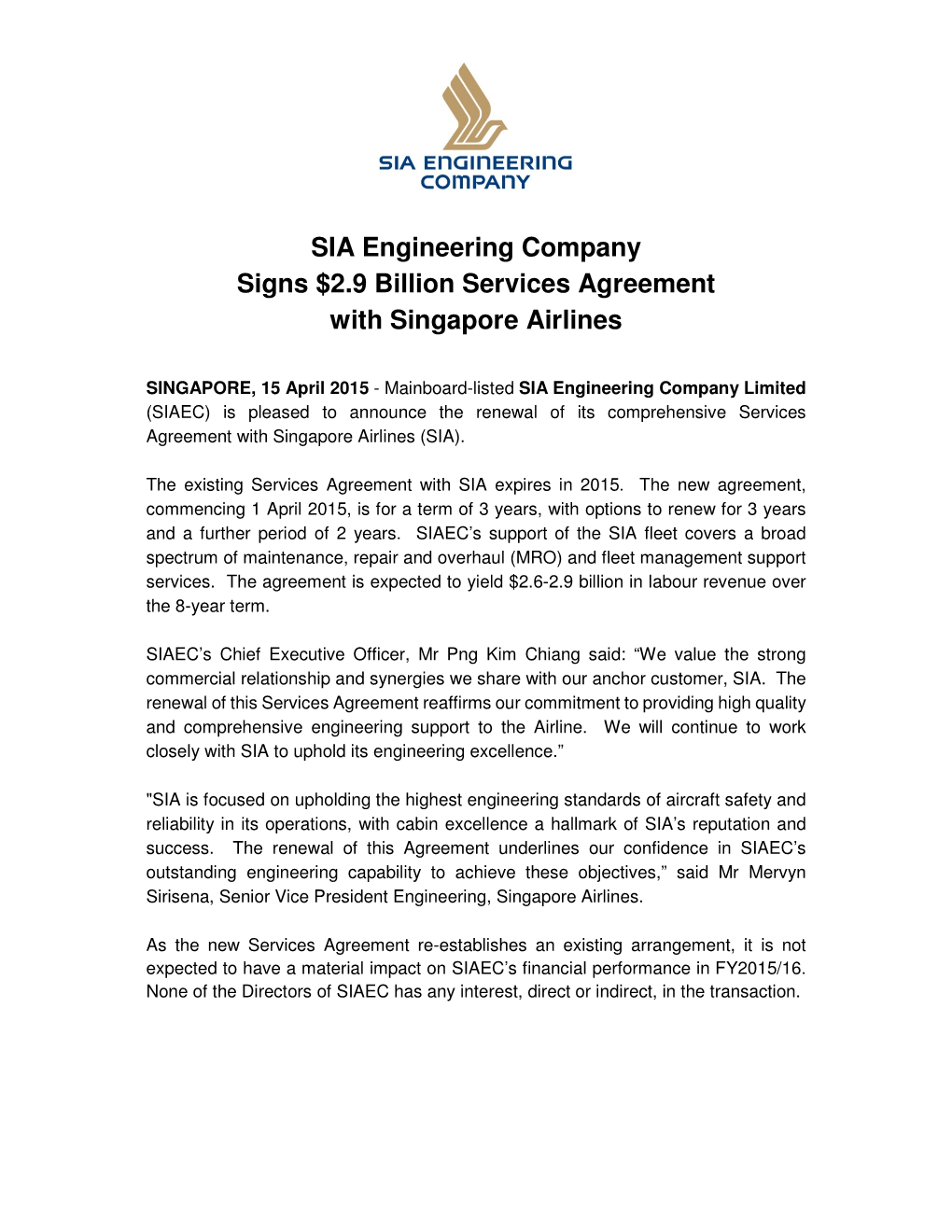 SIA Engineering Company Signs $2.9 Billion Services Agreement with Singapore Airlines