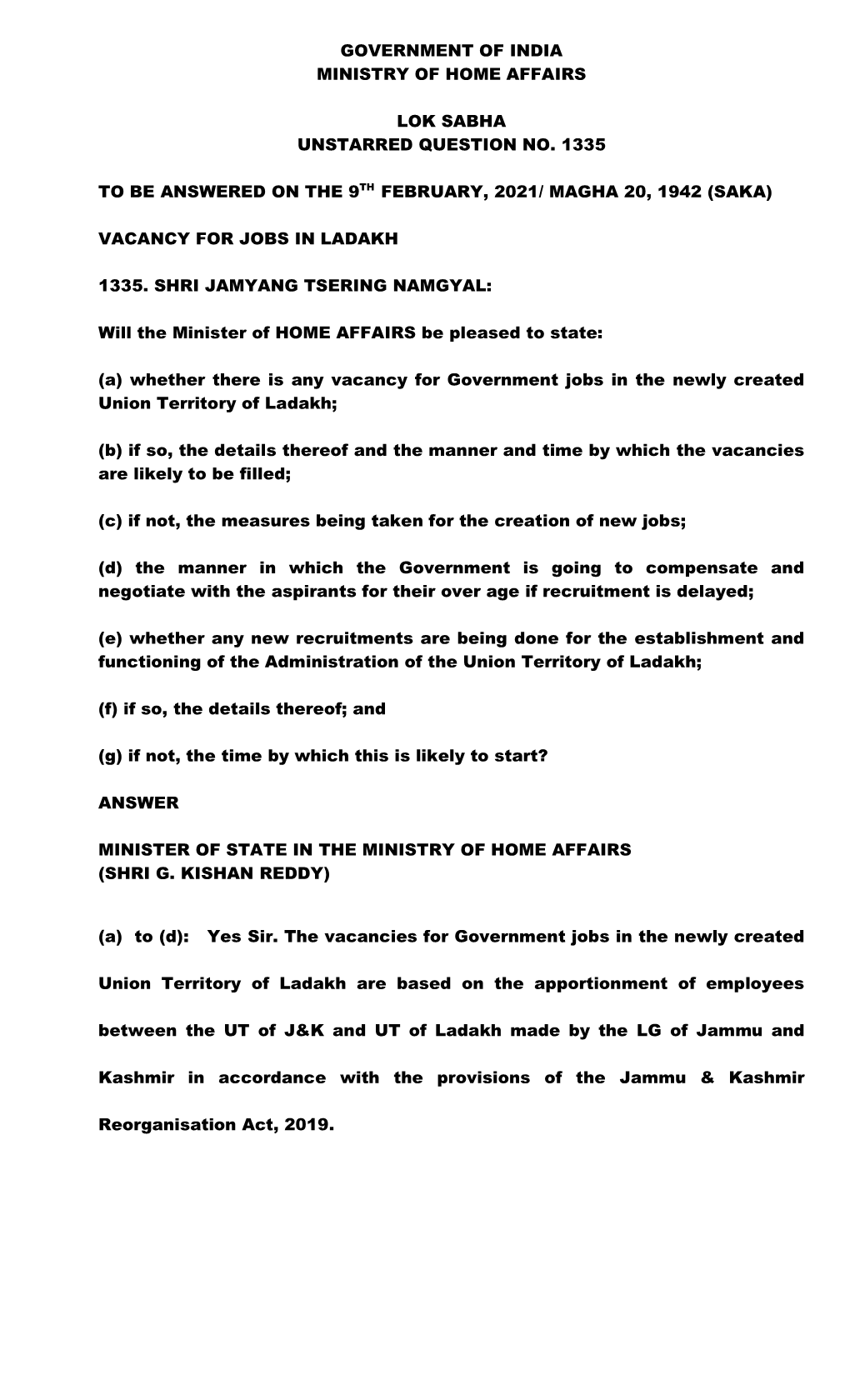 Government of India Ministry of Home Affairs Lok Sabha Unstarred Question No. 1335 to Be Answered on the 9Th February, 2021/ Ma