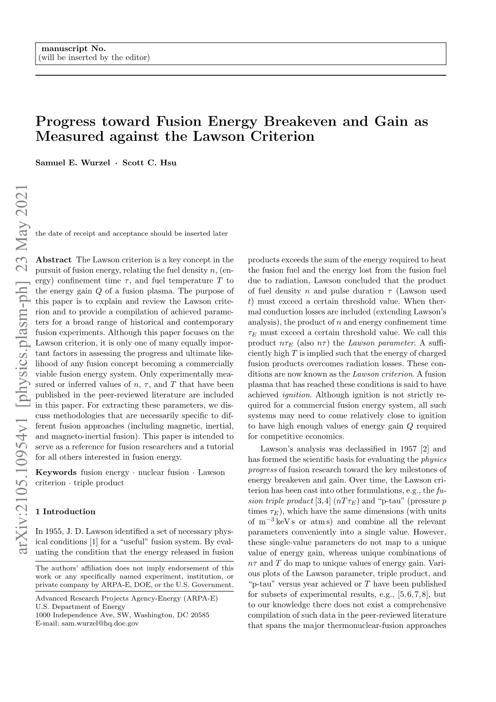 Arxiv:2105.10954V1 [Physics.Plasm-Ph] 23 May 2021