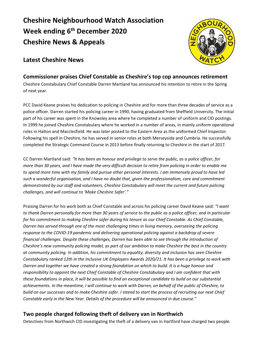 Cheshire Neighbourhood Watch Association Week Ending 6Th December 2020 Cheshire News & Appeals