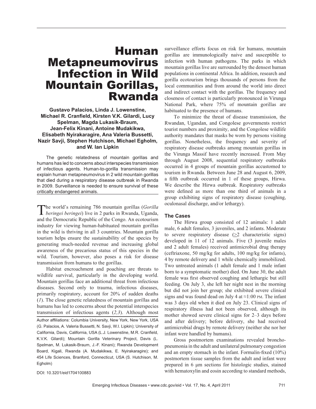 Human Metapneumovirus Infection in Wild Mountain Gorillas, Rwanda