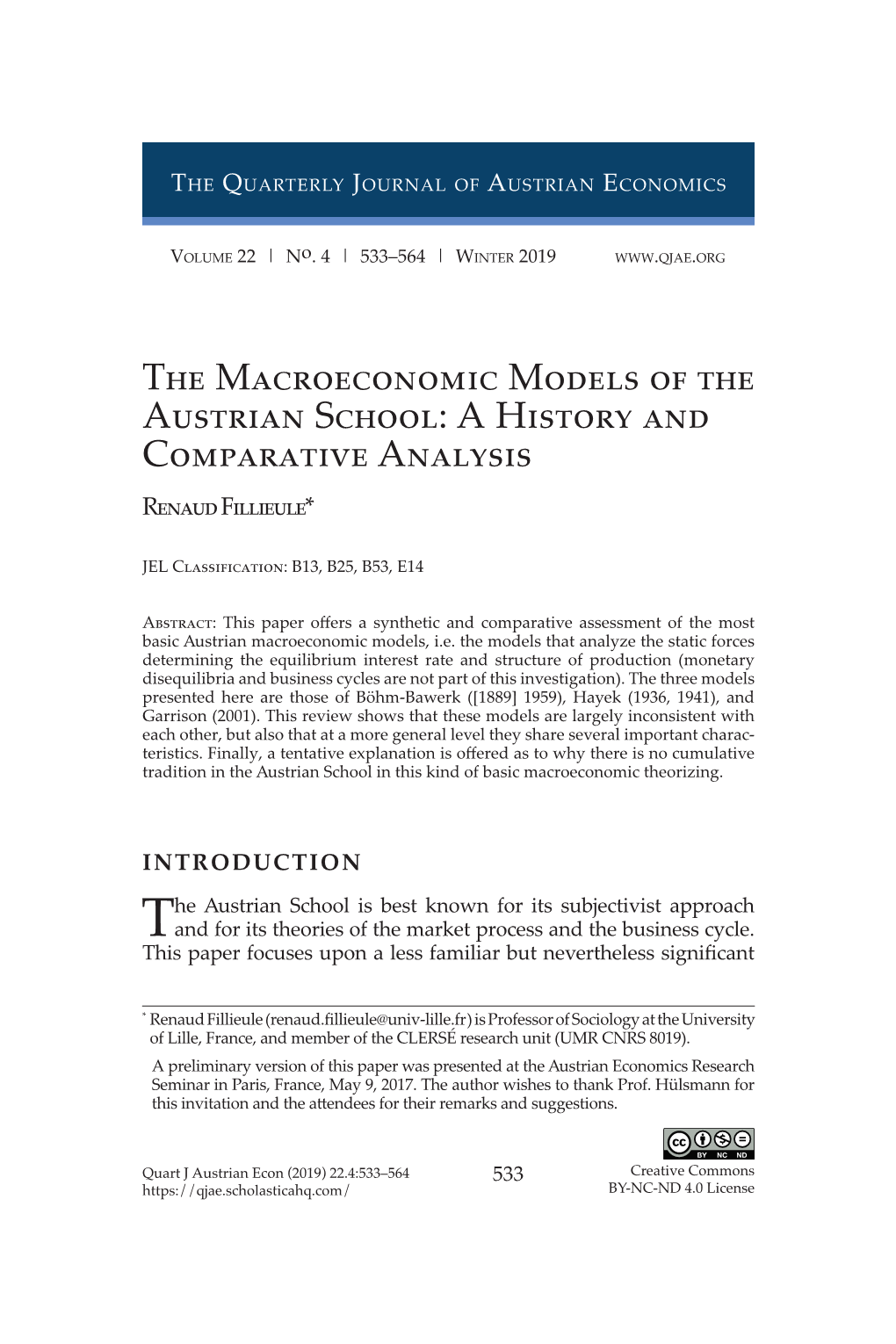 The Macroeconomic Models of the Austrian School: a History and Comparative Analysis Renaud Fillieule*