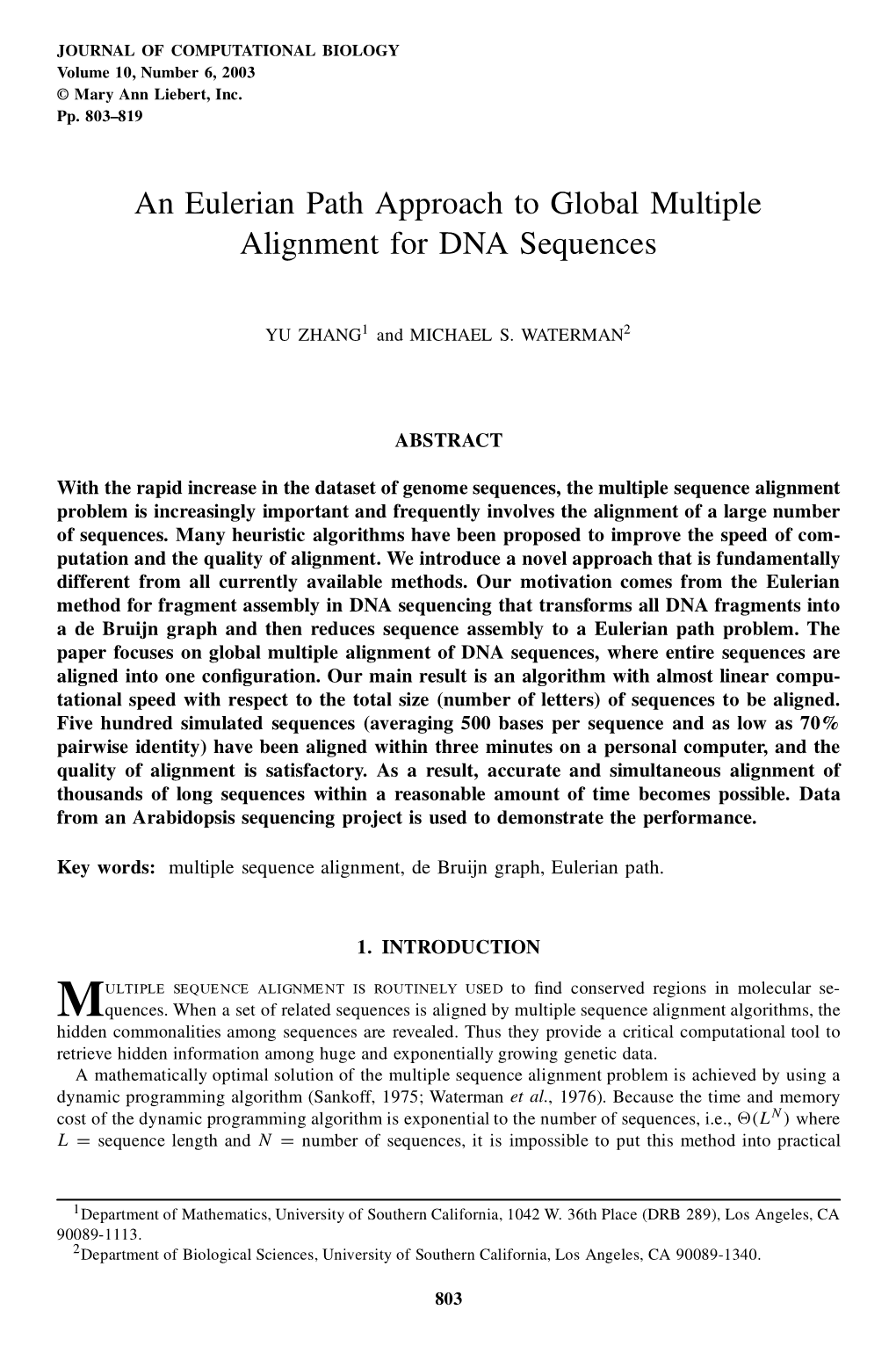 An Eulerian Path Approach to Global Multiple Alignment for DNA