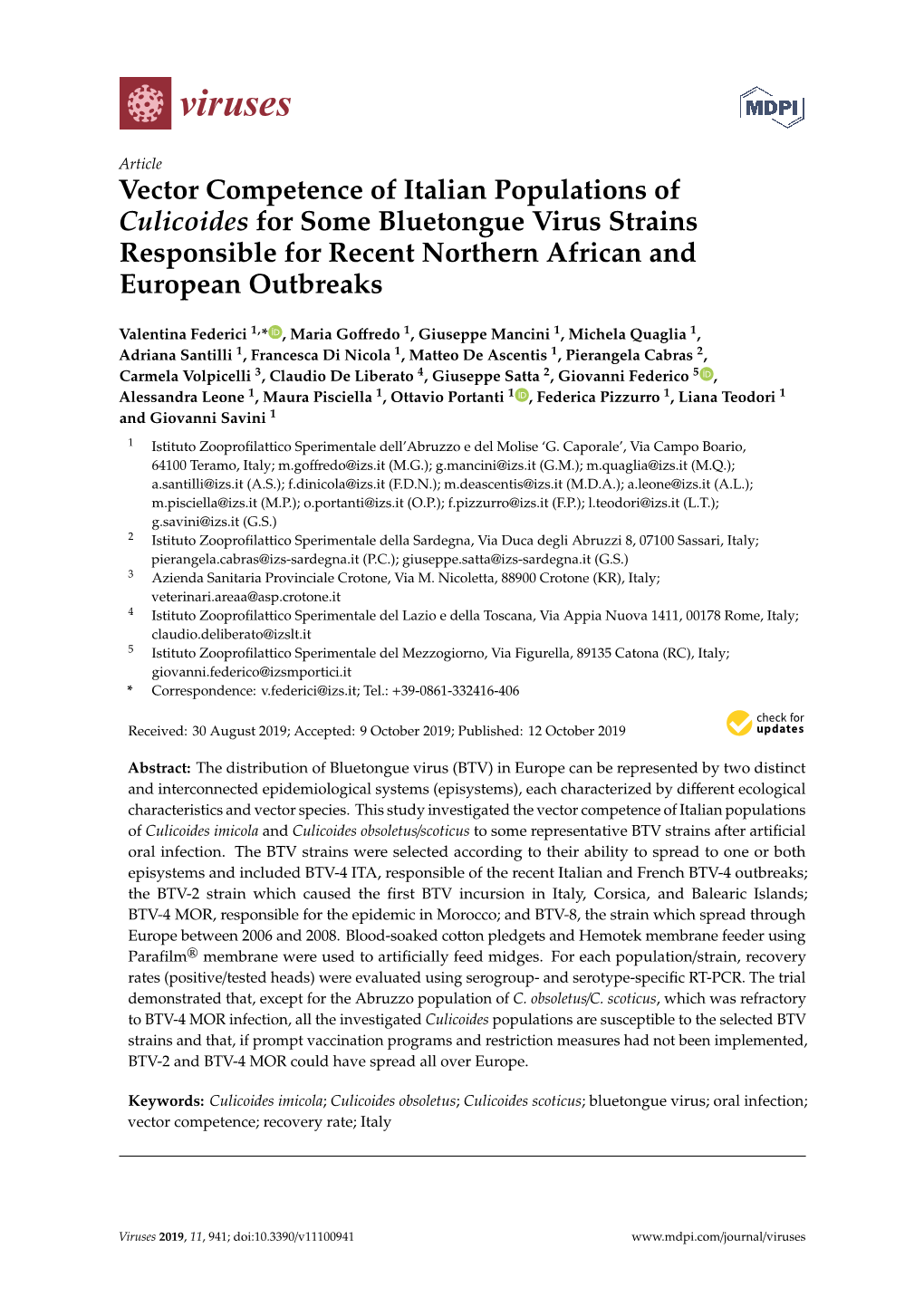 Vector Competence of Italian Populations of Culicoides for Some Bluetongue Virus Strains Responsible for Recent Northern African and European Outbreaks