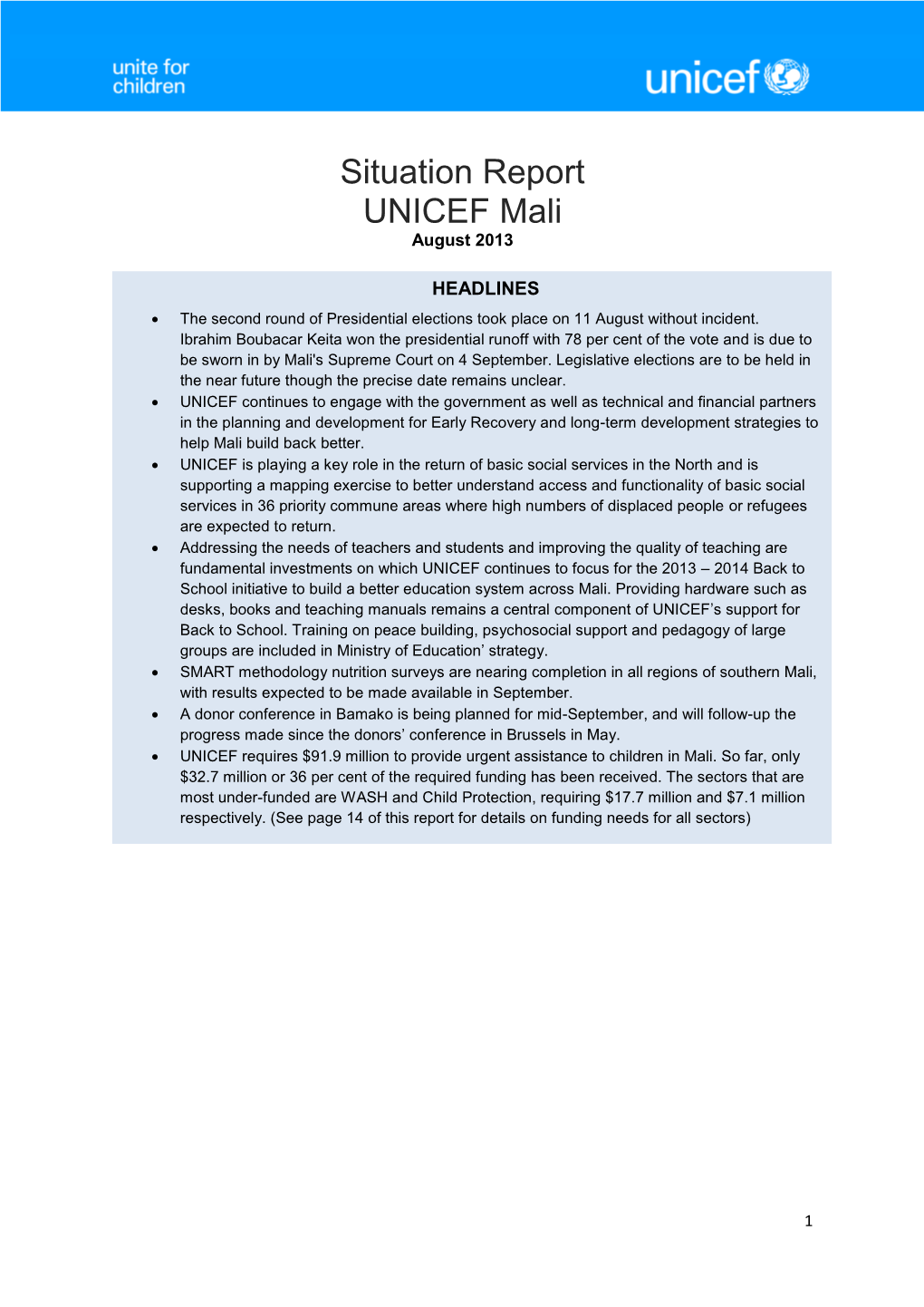 Situation Report UNICEF Mali August 2013