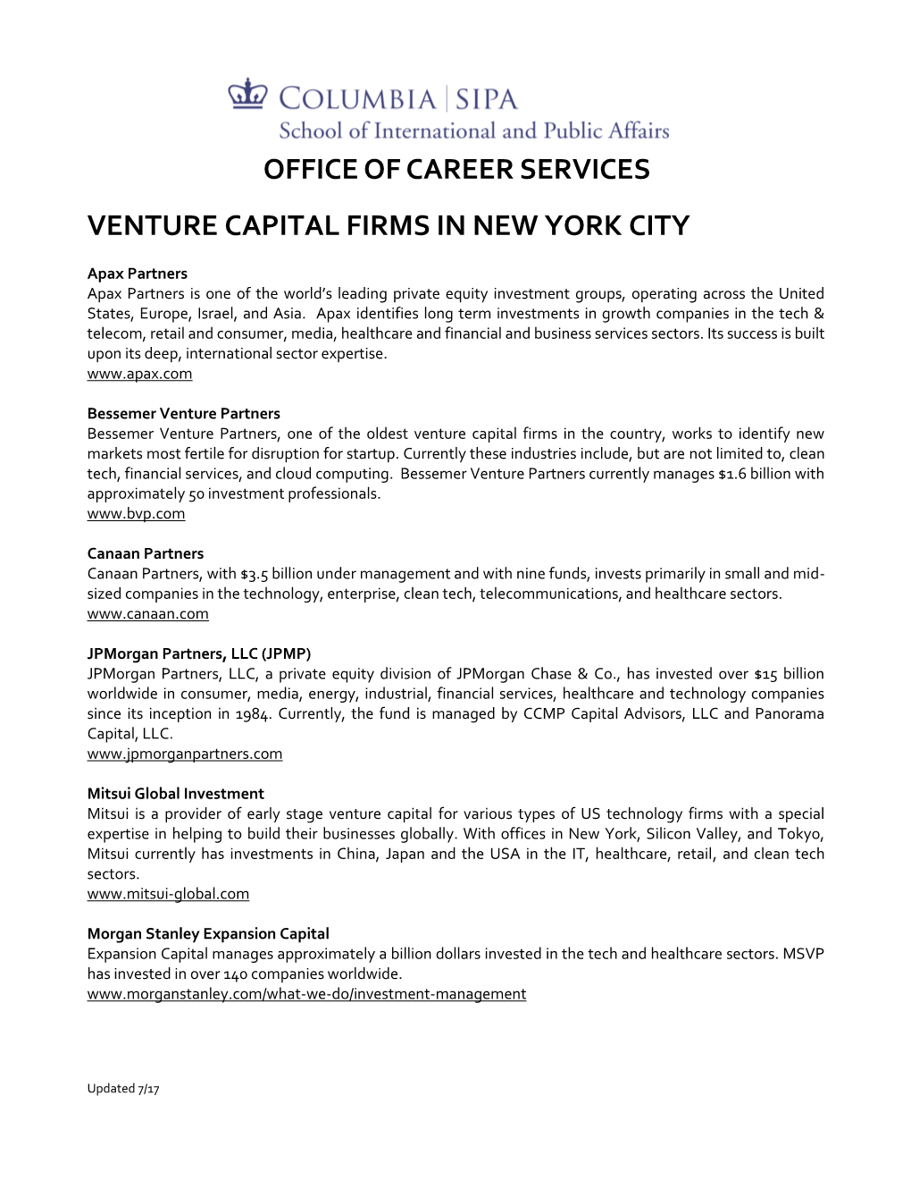 Office of Career Services Venture Capital Firms In