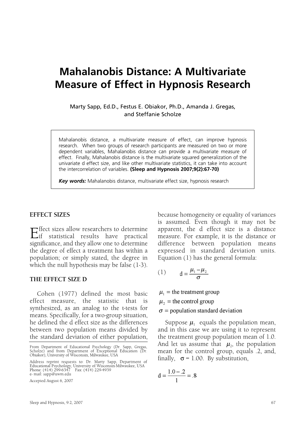 Mahalanobis Distance: a Multivariate Measure of Effect in Hypnosis Research