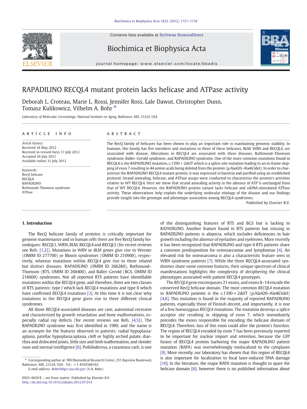 RAPADILINO RECQL4 Mutant Protein Lacks Helicase and Atpase Activity