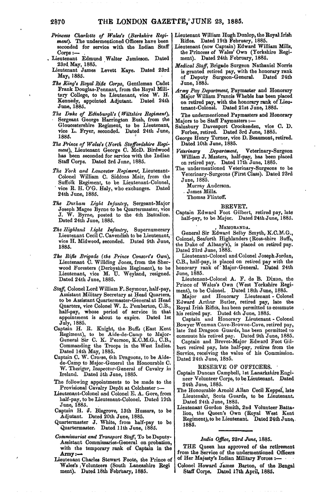 The London Gazette,0 June 23, 1885