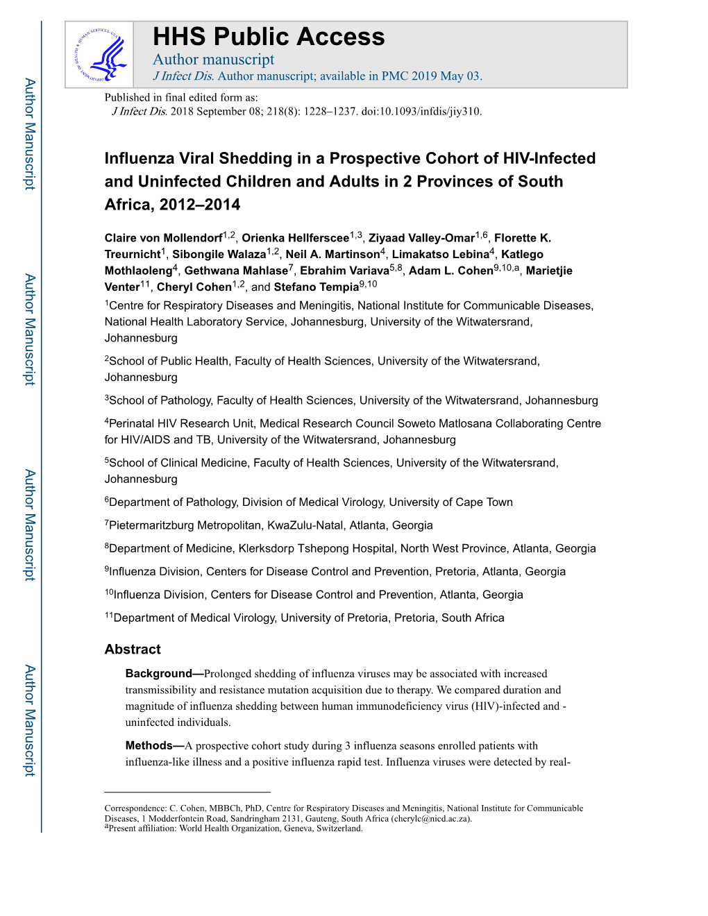 Influenza Viral Shedding in a Prospective Cohort of HIV-Infected and Uninfected Children and Adults in 2 Provinces of South Africa, 2012–2014