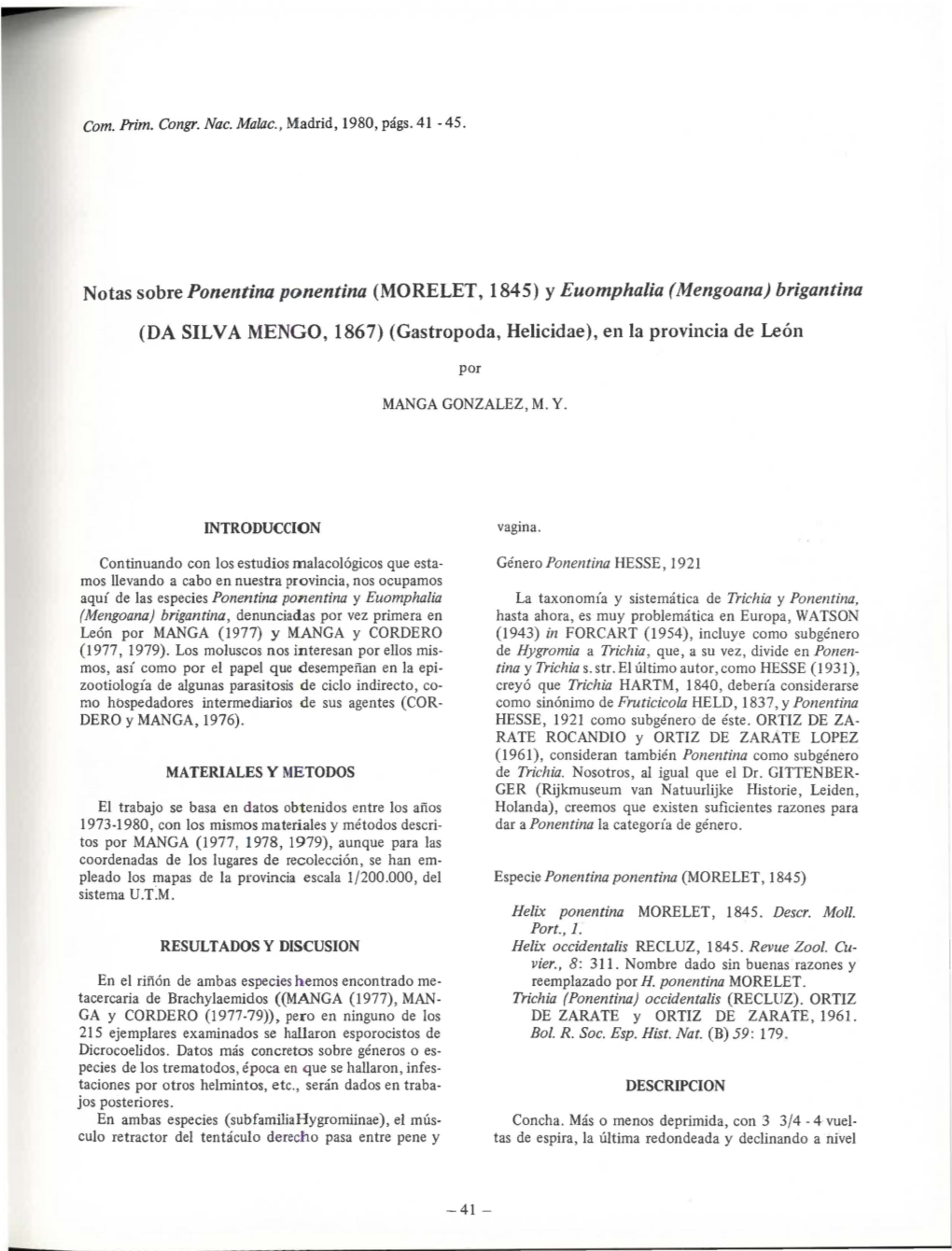 Notas Sobre Ponentina Ponentina (MORELET, 1845) Y Euomphalia ( Mengoana) Brigantina