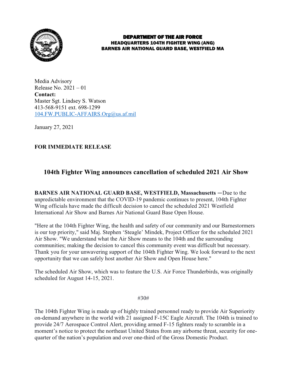 104Th Fighter Wing Announces Cancellation of Scheduled 2021 Air Show