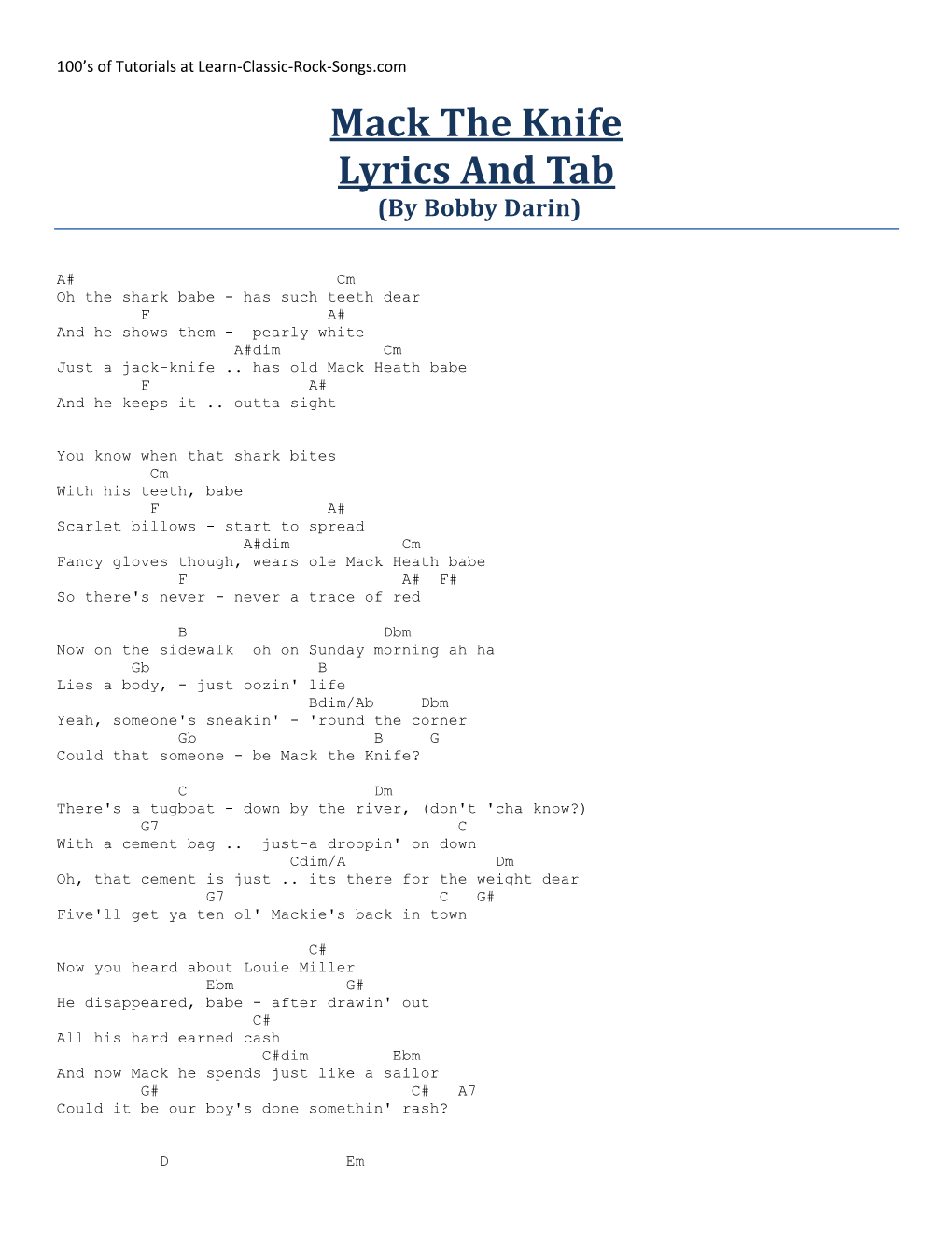 Mack the Knife Lyrics and Tab (By Bobby Darin)