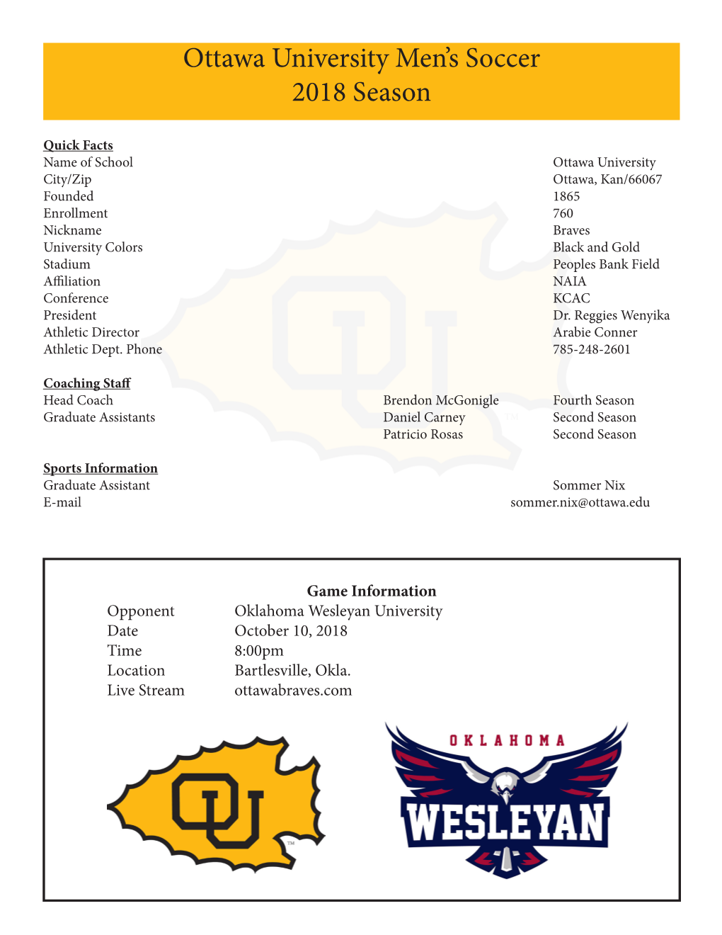 Ottawa University Men's Soccer 2018 Season