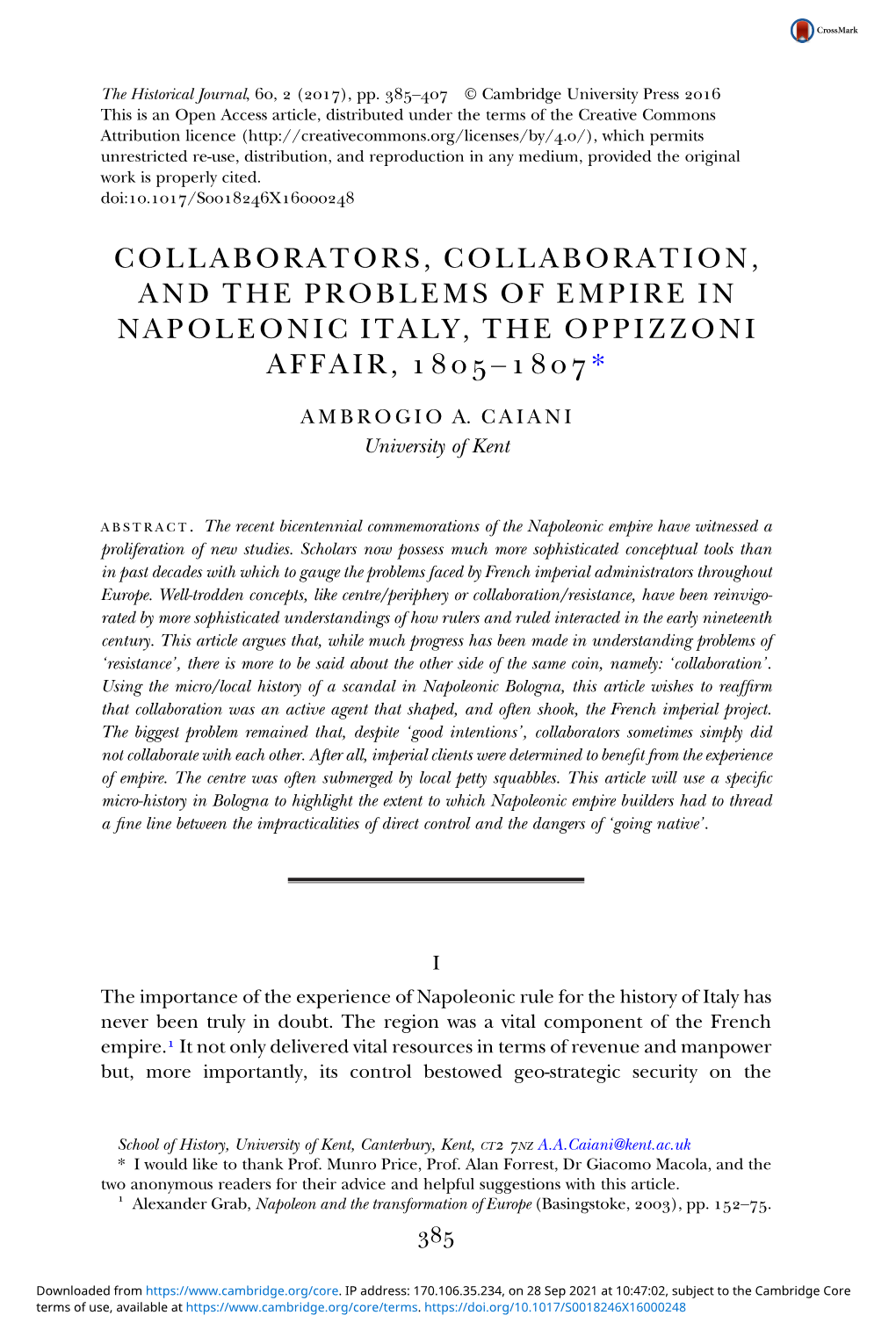 Collaborators, Collaboration, and the Problems of Empire in Napoleonic Italy, the Oppizzoni Affair, –