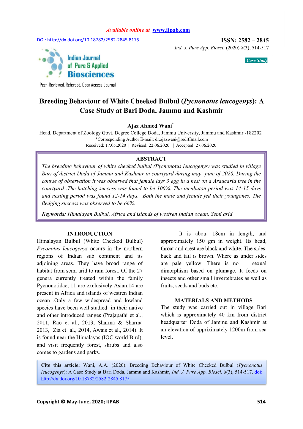 Breeding Behaviour of White Cheeked Bulbul (Pycnonotus Leucogenys): a Case Study at Bari Doda, Jammu and Kashmir