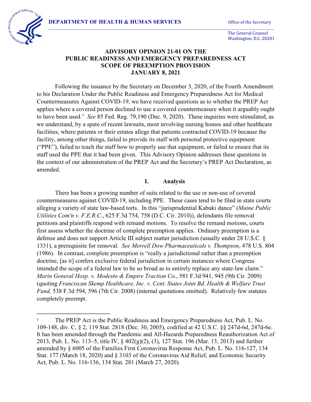 Advisory Opinion 21-01 on the Public Readiness and Emergency Preparedness Act Scope of Preemption Provision January 8, 2021