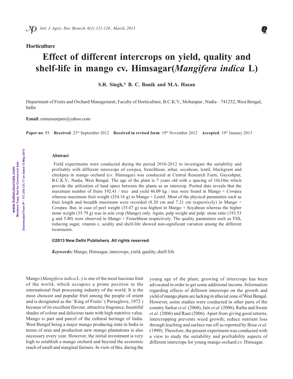 Effect of Different Intercrops on Yield, Quality and Shelf-Life in Mango Cv