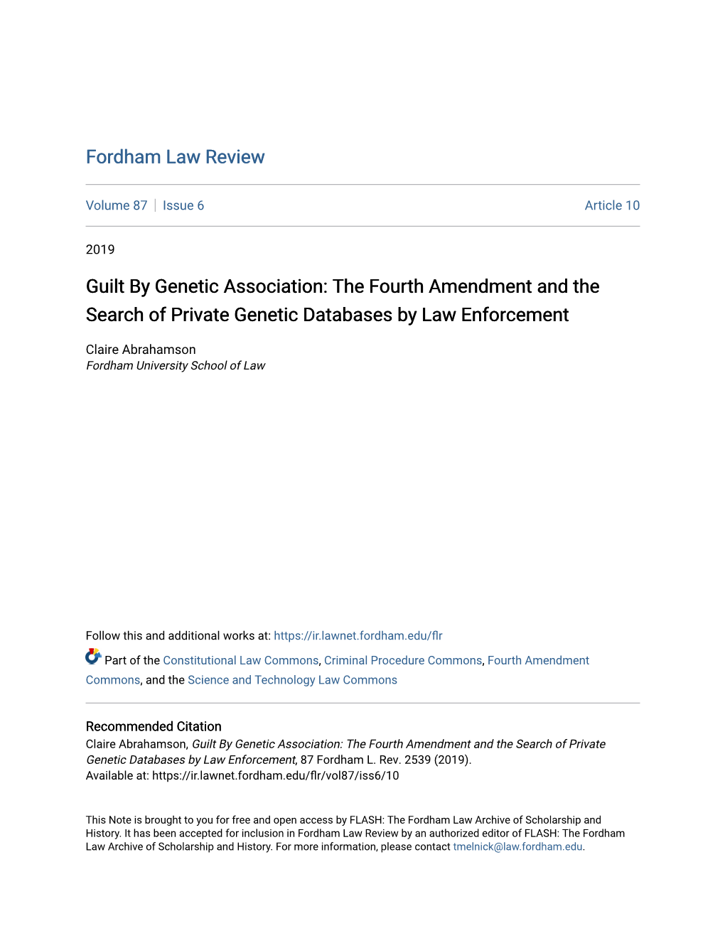 The Fourth Amendment and the Search of Private Genetic Databases by Law Enforcement