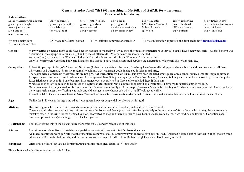 Census, Sunday April 7Th 1861, Searching in Norfolk and Suffolk for Wherrymen