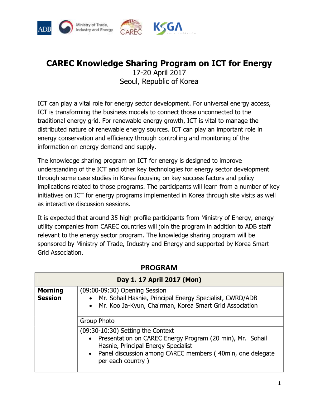 CAREC Knowledge Sharing Program on ICT for Energy PROGRAM