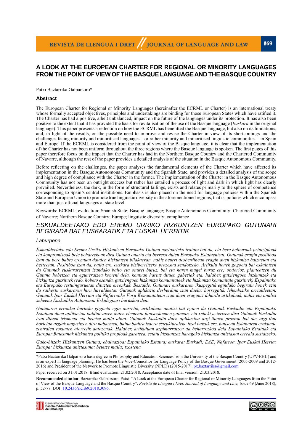 A Look at the European Charter for Regional Or Minority Languages from the Point of View of the Basque Language and the Basque Country