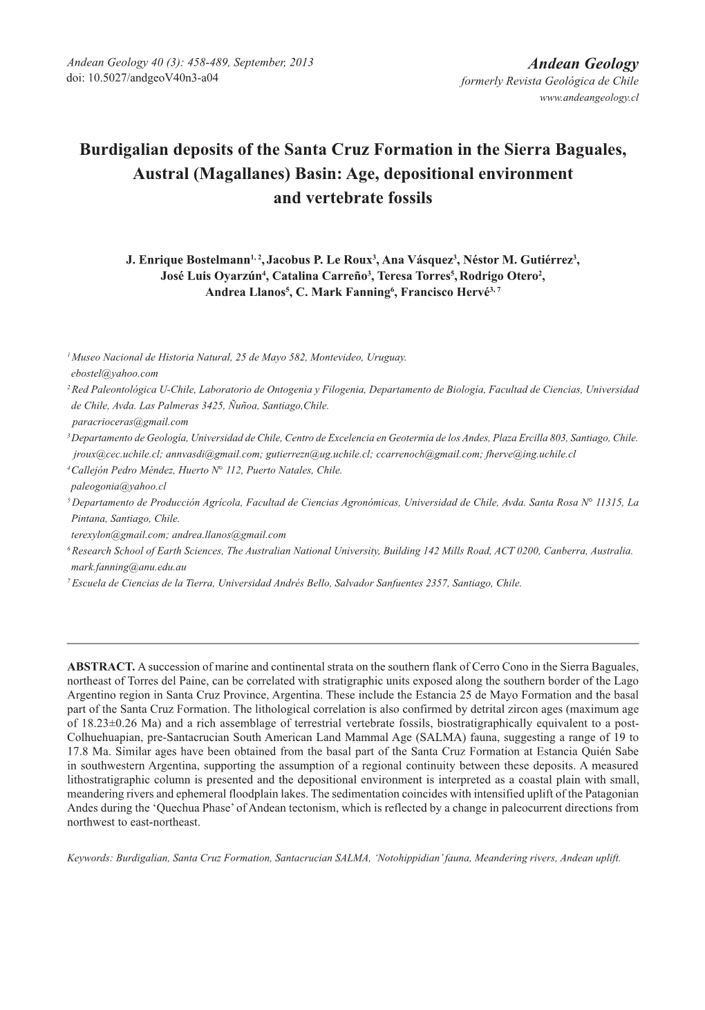 Burdigalian Deposits of the Santa Cruz Formation in the Sierra Baguales, Austral (Magallanes) Basin: Age, Depositional Environment and Vertebrate Fossils