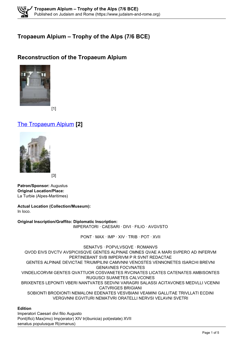 Tropaeum Alpium – Trophy of the Alps (7/6 BCE) Published on Judaism and Rome (