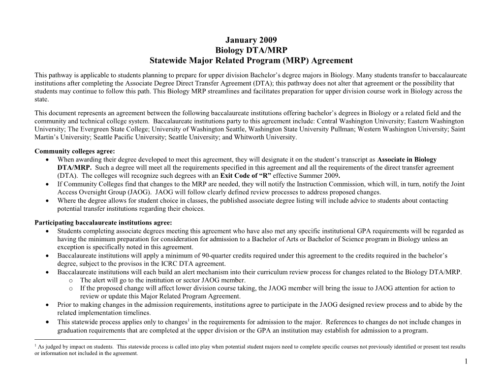 2009 Biology DTA/MRP Statewide Major Related Program (MRP) Agreement