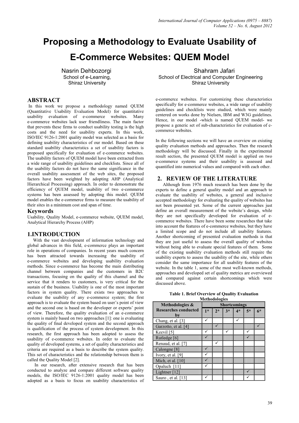 Proposing a Methodology to Evaluate Usability of E-Commerce Websites: QUEM Model