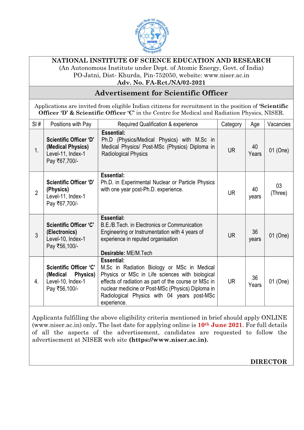 Advertisement for Scientific Officer