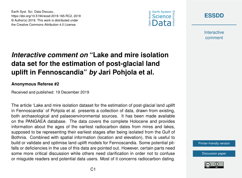 Interactive Comment on “Lake and Mire Isolation Data Set for the Estimation of Post-Glacial Land Uplift in Fennoscandia” by Jari Pohjola Et Al