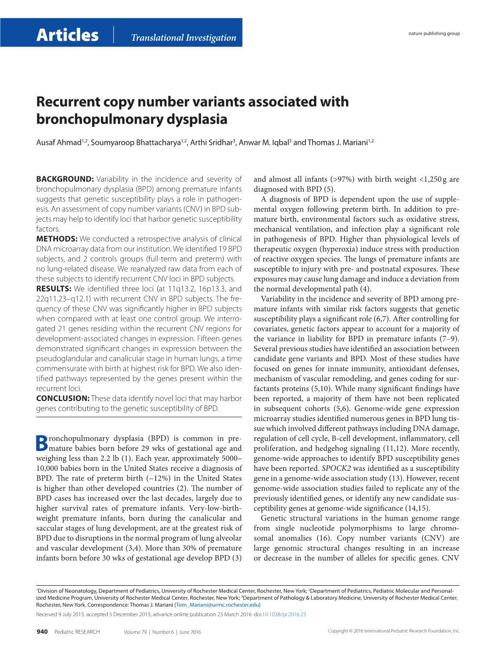 Recurrent Copy Number Variants Associated with Bronchopulmonary Dysplasia