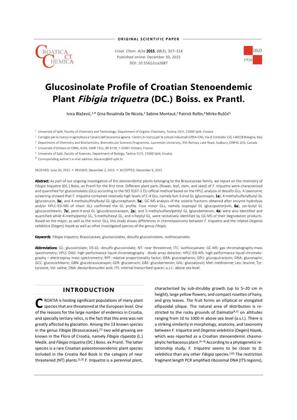 Glucosinolate Profile of Croatian Stenoendemic Plant Fibigia Triquetra (DC.) Boiss