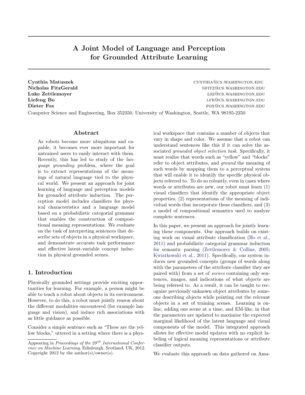 A Joint Model of Language and Perception for Grounded Attribute Learning