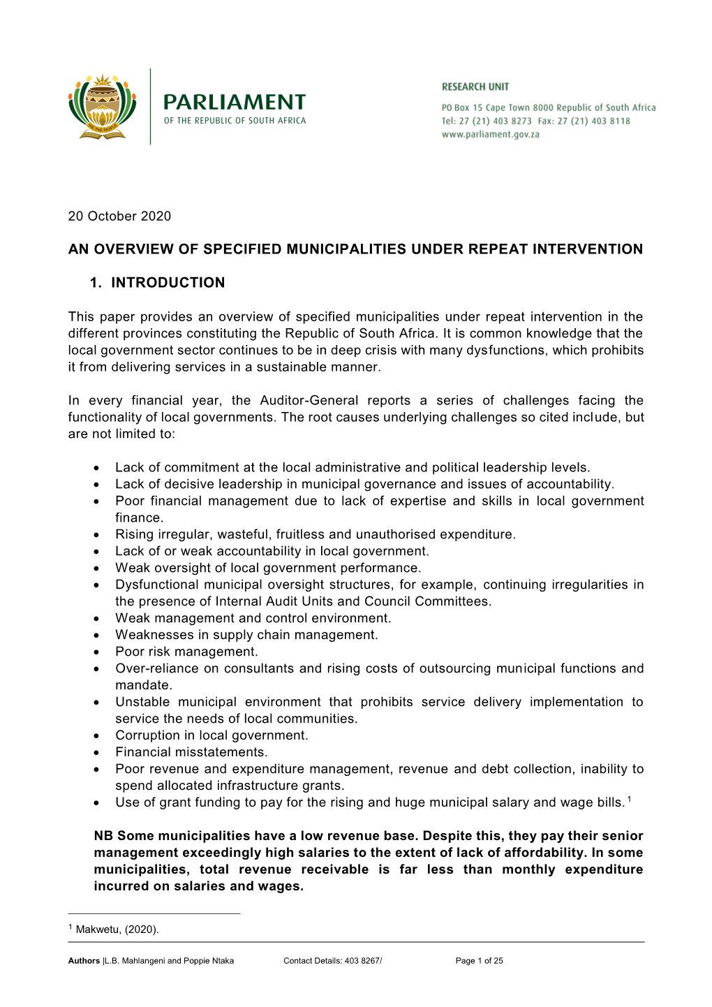 An Overview of Specified Municipalities Under Repeat Intervention 1