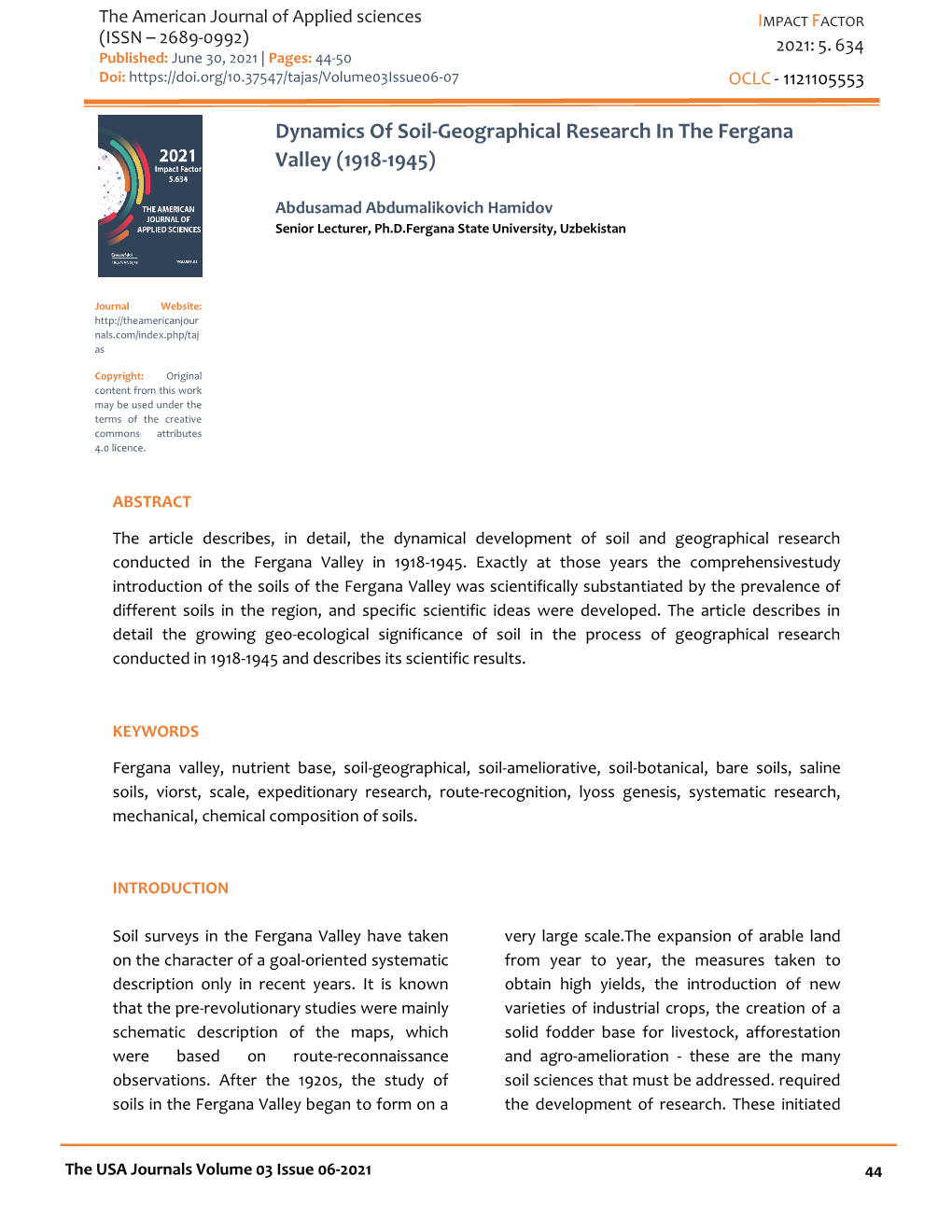 Dynamics of Soil-Geographical Research in the Fergana Valley (1918-1945)