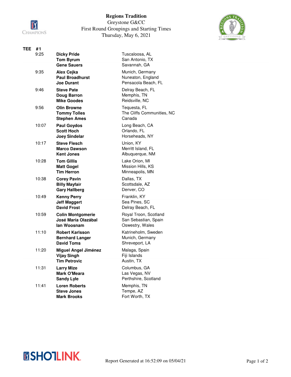 Regions Tradition Greystone G&CC First Round Groupings and Starting