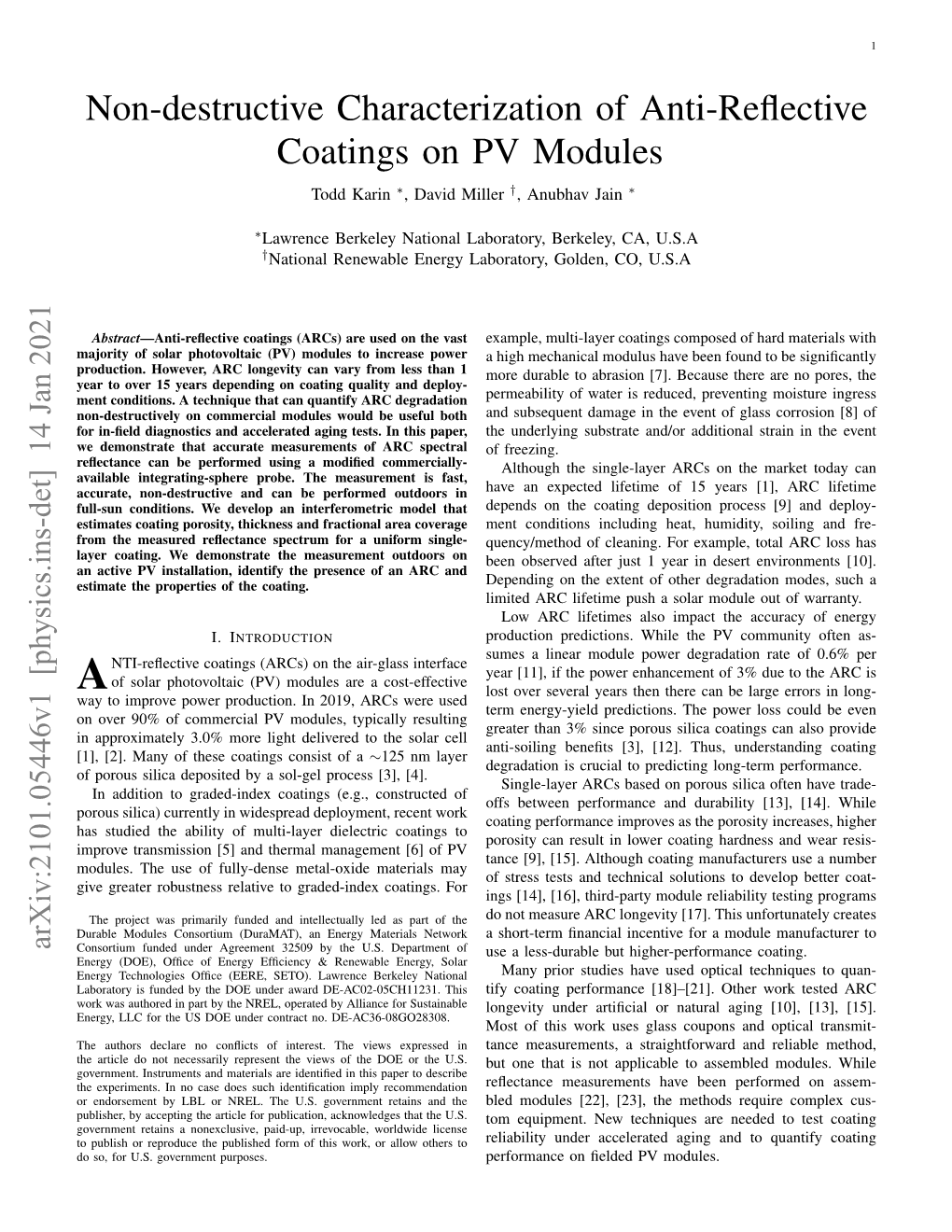 Non-Destructive Characterization of Anti-Reflective Coatings on PV Modules