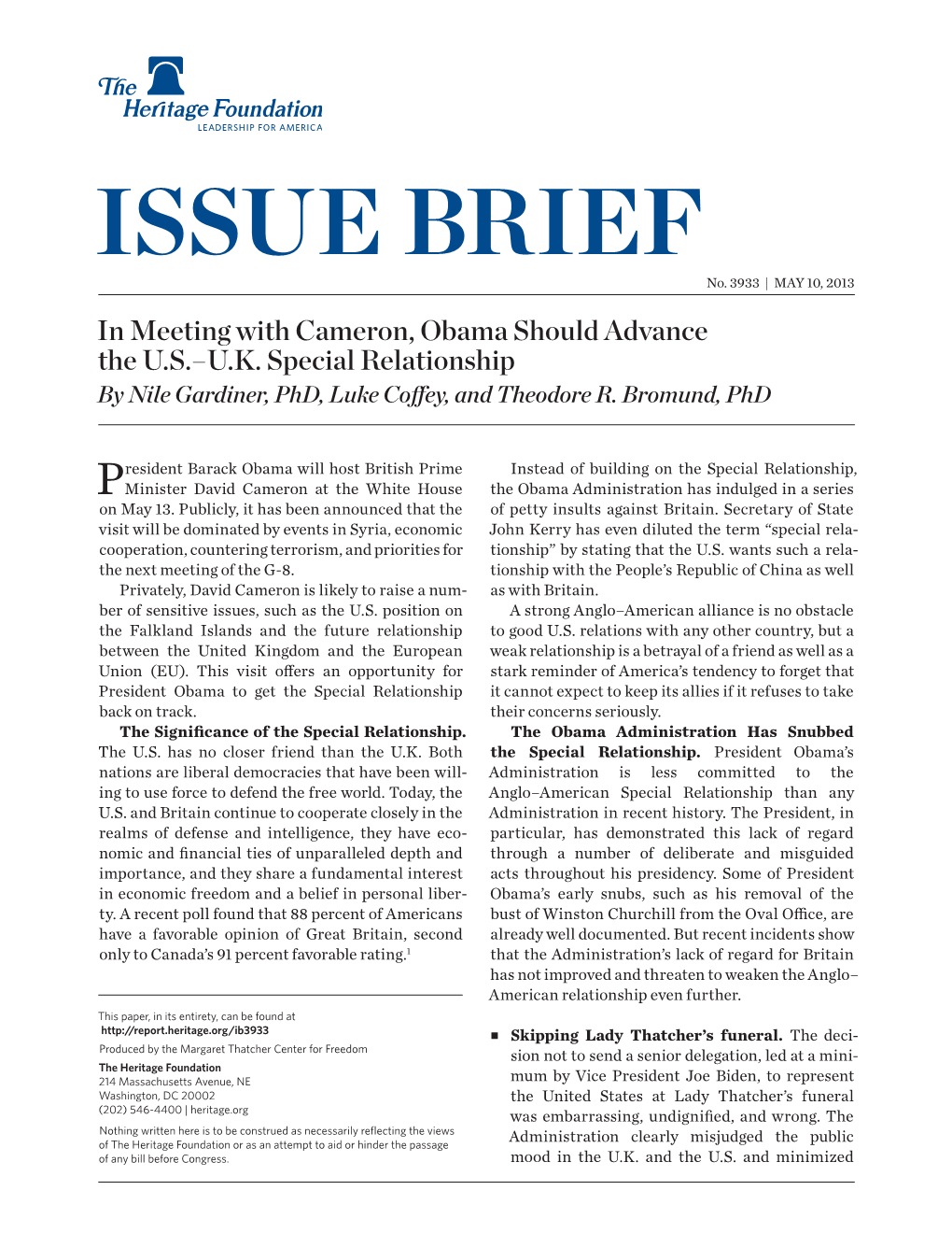 In Meeting with Cameron, Obama Should Advance the U.S.–U.K. Special Relationship by Nile Gardiner, Phd, Luke Coffey, and Theodore R