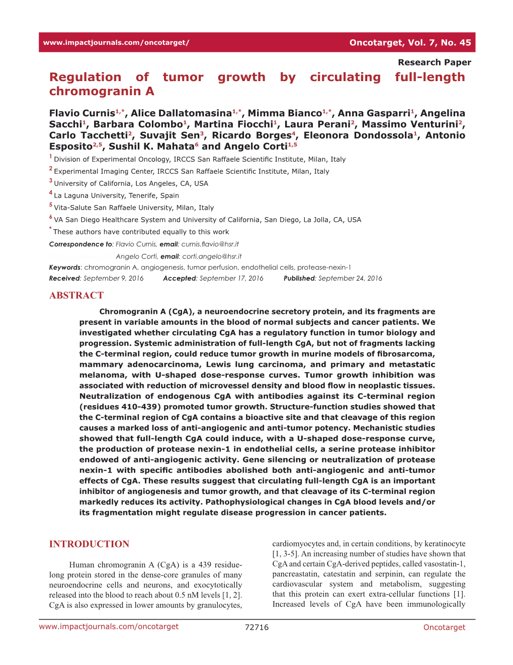 Regulation of Tumor Growth by Circulating Full-Length Chromogranin A